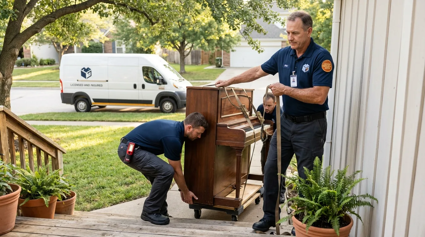 Licensed piano movers securing grand piano in Dayton, MN
