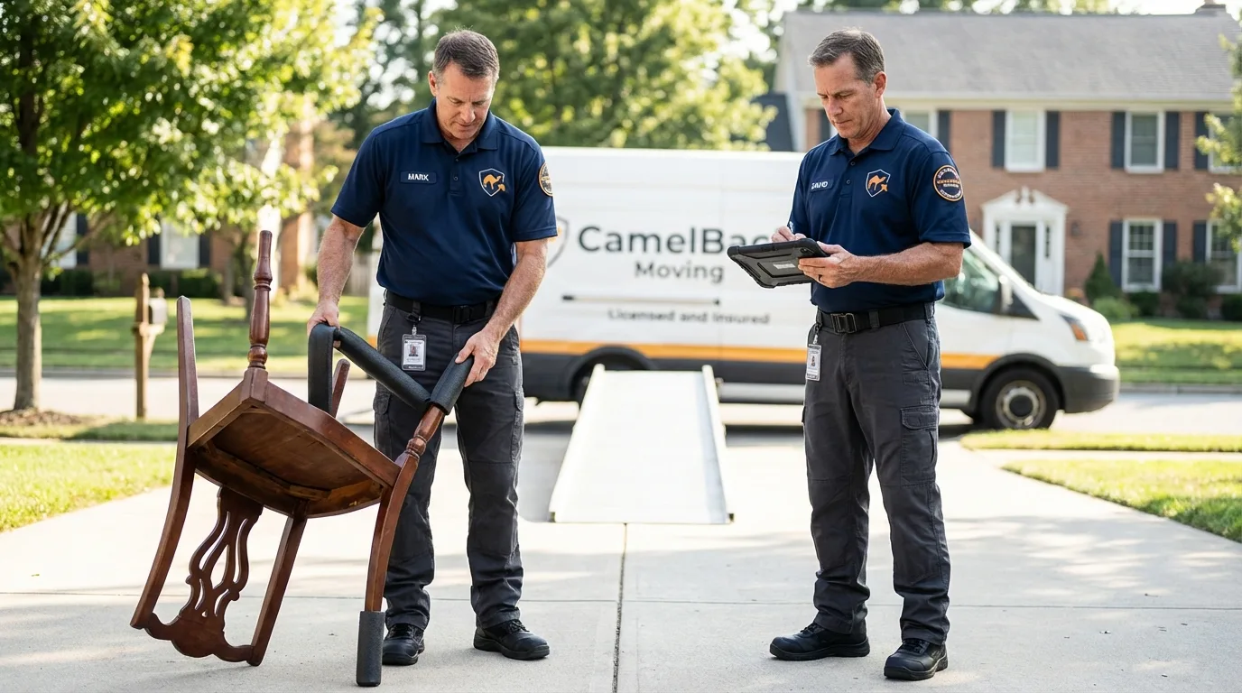 Movers inspecting furniture for damage prevention before loading in Dayton, MN