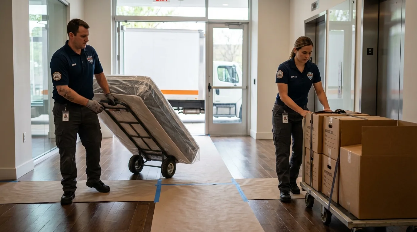 Professional apartment movers loading elevator in Dayton, MN